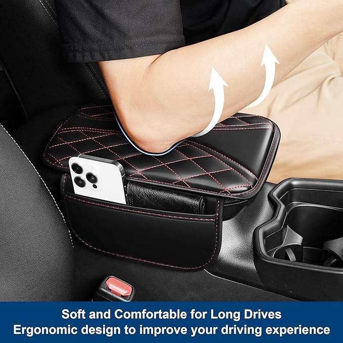 Car Center Console Cover Fit for Volkswagen Atlas Waterproof Console Cover with 2 Storage Bags Leather Armrest Cover Scratch & Wear Resistant(Black)