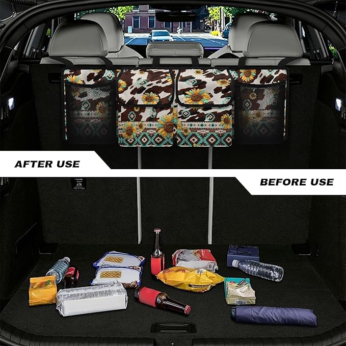 CLOHOMIN Aztec Trunk Organizer for Sedan SUV Van Brown Cow Print Car Organizer Sunflower Cargo Storage with 4 Pockets Foldable Car Trunk Storage Bag Auto Interior Accessories