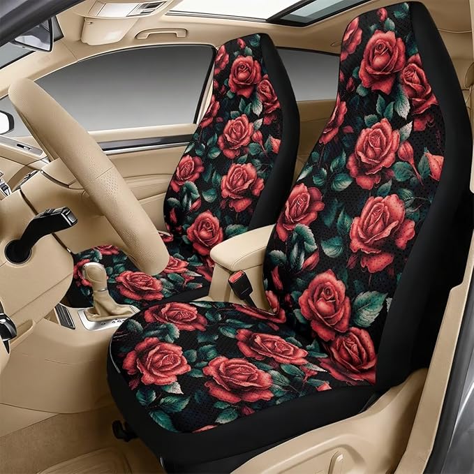 FUSURIRE 5PCS Car Accessories Set, Red Rose Print Vehicle PU Front Seat Covers, Seat Belt Covers & Center Armrest Pad, Universal for SUV, Truck, RV
