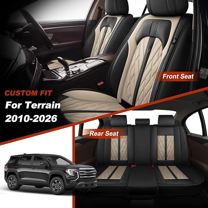 TTX LIGHTING Seat Covers Fit for GMC Terrain 2010-2026 Seat Covers Full Set Car Seat Covers Faux Leather Breathable Waterproof Car Seat Protector (5 Seats, Black&Beige)