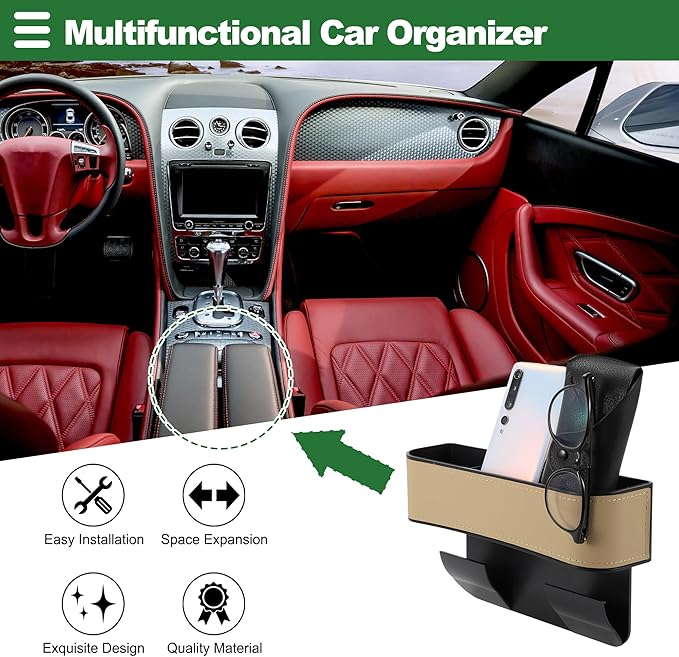 Motoforti Universal Car Seat Gap Filler Organizer with Cup Holder Front Seat Gap Filler Car Seat Gap Organizer Car Storage Accessories, Leather, Beige