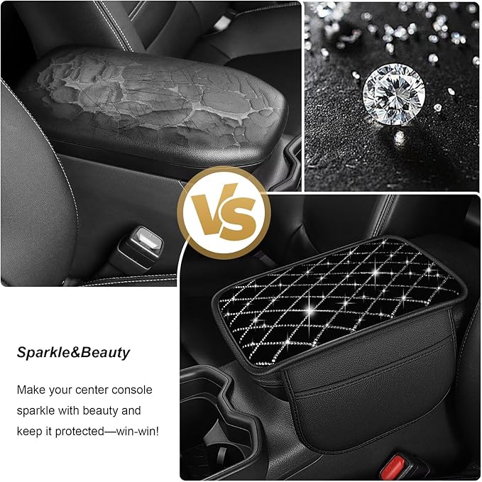 Bling Center Console Cover with 2 Side Pockets Fit for RAV4 Multi-Functional Car Armrest Cushion Diamond-Studded Rhombus Pattern Style(Black&Silver Diamond)