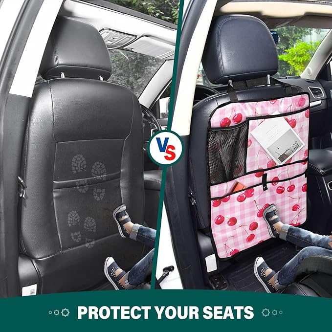1 Pack Back Seat Car Organizer with Storage Pockets Kick Mats Back Seat Protector Hanging Car Organizer Automotive Seat Back Cover Organizers Pink Juicy Checkered Cherry