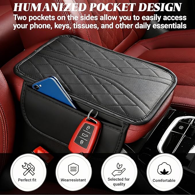 KoiLuvGo Upgraded Car Center Console Cover, Leather Auto Armrest Cover with 2 Storage Bags, Waterproof Center Console Protective Pad, Universal Cars Armrest Storage Box for Sedan, SUV, Truck (Black)