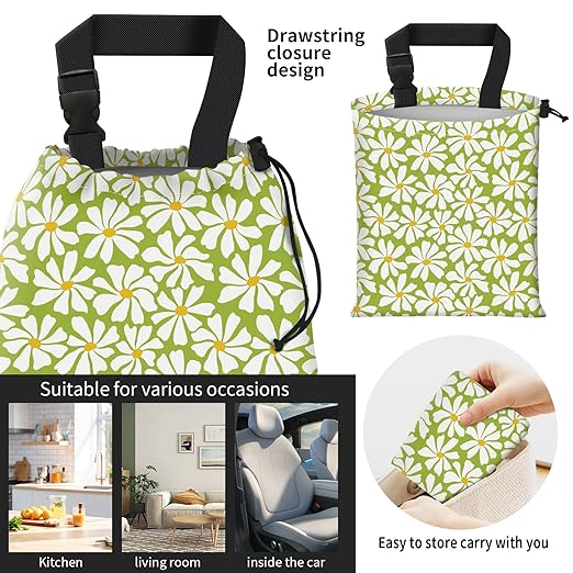 AFYEWKC Car Trash Bag Large Hanging Can for Back of Seat, Cute Waterproof Car Garbage Bag for Vehicle, Travelling, Outdoor Cute Green White Flower