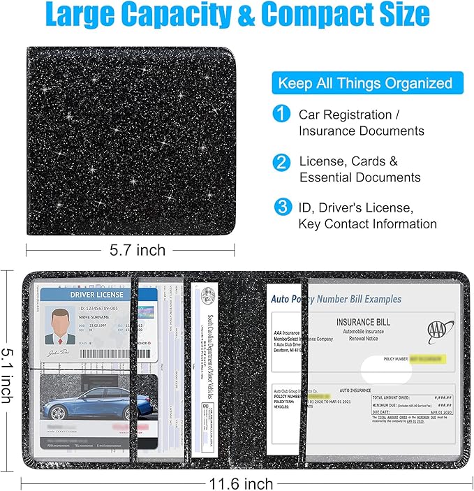 DMLuna Car Registration and Insurance Holder, Folio Leather Vehicle Card Document Glove Box Organizer, Auto Truck Compartment Accessories for Essential Information, Driver License Cards, Glitter Black
