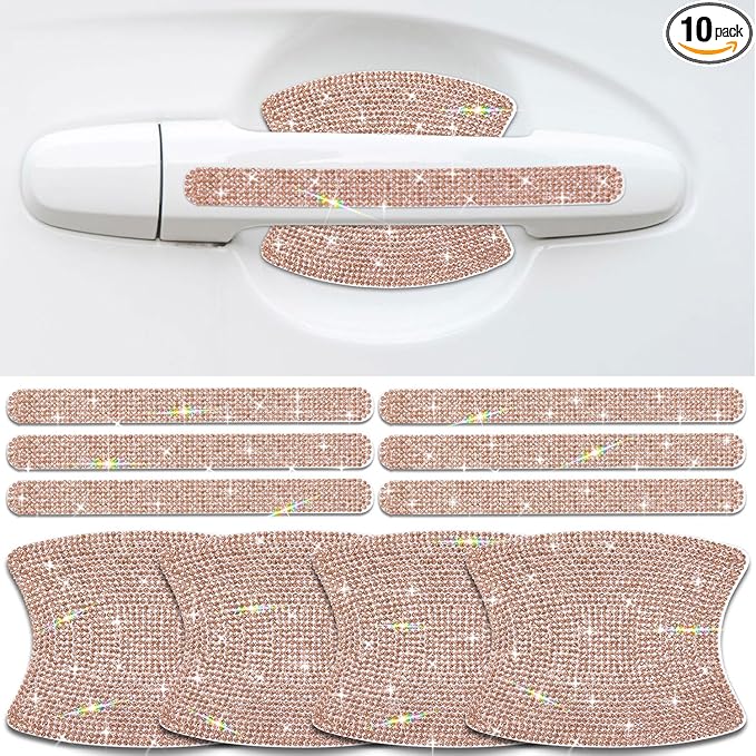 Gengki 10Pcs Car Door Handle Bling Rhinestones Stickers Universal Auto Door Handle Scratch Cover Guard Protective Film Pad (Champagne)