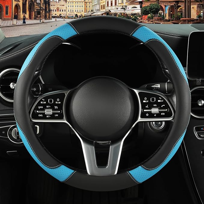 Binsheo Leather Auto Car Steering Wheel Cover Anti-Slip Heavy Duty, Elegant, Non-tonix, Universal 15 Inch, Black&Blue