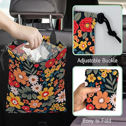 NHNXHWIA Colorful Flowers Car Trash Bag,Floral Bouquets Hanging Drawstring Car Garbage Bag,Waterproof Canvas Car Back Seat Organizer with Adjustable Buckle,for Vehicles,SUVs,Camping,Road Trips