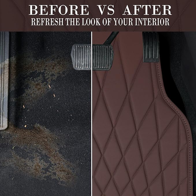 CAR PASS Luxury Faux Leather Floor Mats for Cars, Waterproof All Weather Car Mats Full Set, Anti-Slip Deluxe Automotive Floor Mats Universal Fit for Most SUV Vans Sedans Trucks, 4 Piece Brown