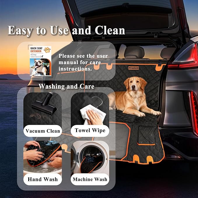 VIVASNIFF Hard Bottom Back Seat Extender for Dogs, Waterproof Dog Car Seat Cover, 420lb Support, 600D Heavy Duty Car Seat Protector Dog Hammock for Sedan, SUV, Small Truck(Black & Orange)