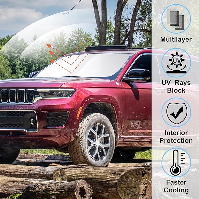 Windshield Sun Shade Custom Fit 2021-2024 2025 Jeep Grand Cherokee L/Jeep Grand Cherokee SUV Accessories Front Window Sunshade Sun Visor Protector Blocks Rays