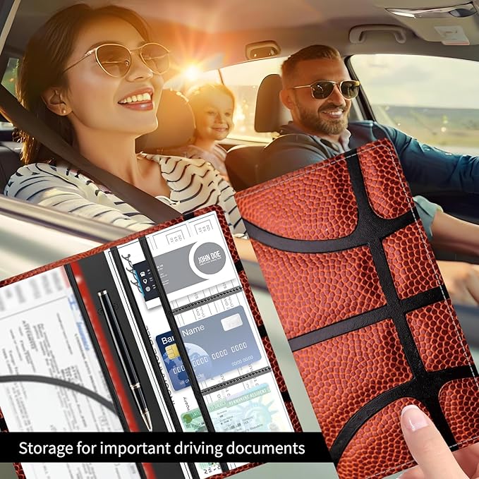 BAUCIWLD Premium Car Registration and Insurance Card Holder, Cute PU Leather Car Document Holder, Vehicle Glove Box Car Organizer with Magnetic Closure for Driver License, Cards Basketball Texture