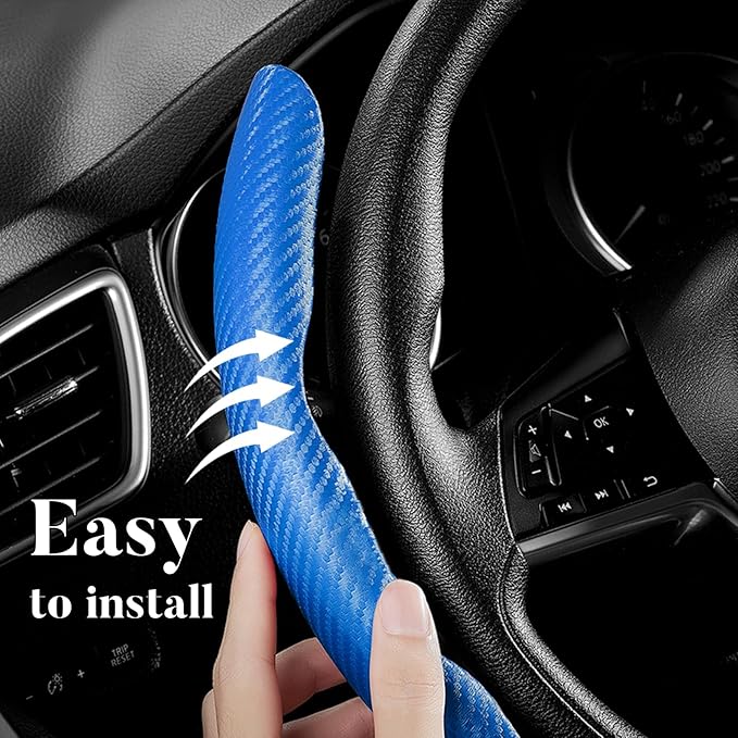 Carbon Fiber Steering Wheel Cover 3pcs Anti-Slip Car Steering Wheel Accessories Snap on Grip 15 inch Universal Blue