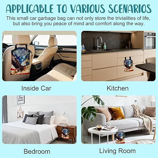 KXWQTRDD Car Garbage Bag Bald Eagle American Flag Drawstring Car Trash Bag Hanging for Back Seat with Adjustable Buckle Canvas Vehicle Trash Can Easy-to-Install