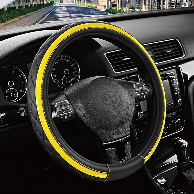 Road Comforts Leather Steering Wheel Cover – Black & Yellow, Universal Fit 14.5-15 Inch, Microfiber Leather, Anti-Slip & Breathable Design for Men and Women
