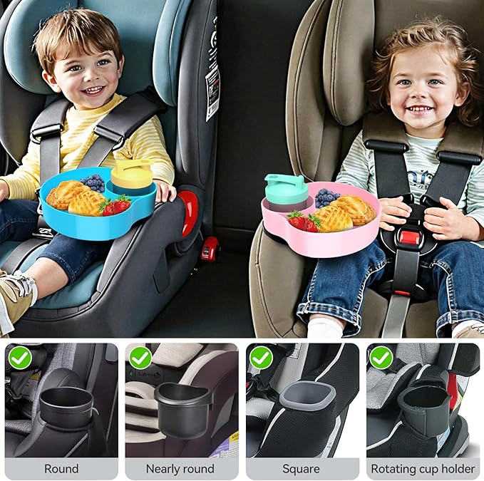 2PCS Car Seat Snack Tray for Kids: Kids Car Tray with Cup Holder, Toddlers Road Trip Essential, Travel Snacks Food Plate Cup Holder (Sky Blue&Pink)