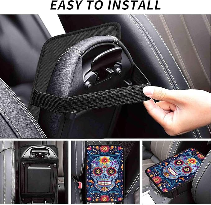 Funny Sugar Skulls Flower Car Center Console Cover Universal Car Armrest Cover Waterproof Auto Armrest Seat Box Mat Protector Decor Car Center Console Cushion Pad for Most Vehicle SUV Truck Car