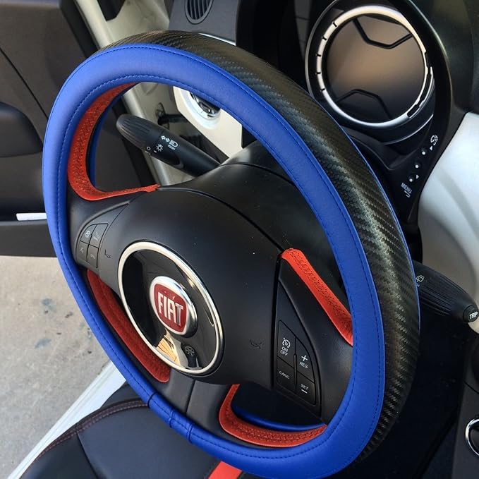 Jdragon Blue & Carbon Fiber Style PVC Leather Slip-On Steering Wheel Cover 14.25-15" Diameter