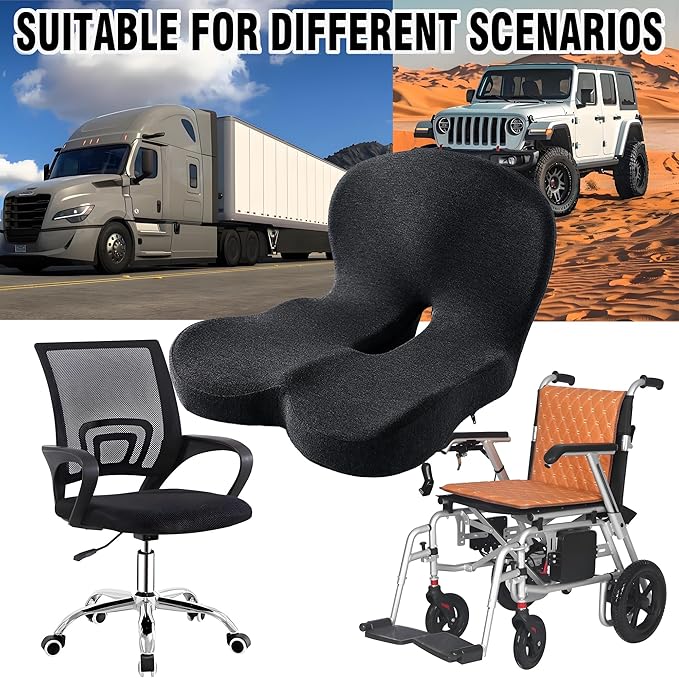 Memory Foam Seat Cushion for Truck Drivers, Office Chairs & Car Seats – Back Support & Sciatica Relief Pillow for Tailbone – Ergonomic Pressure Relief Pad for Long Sitting & Driving (Black)