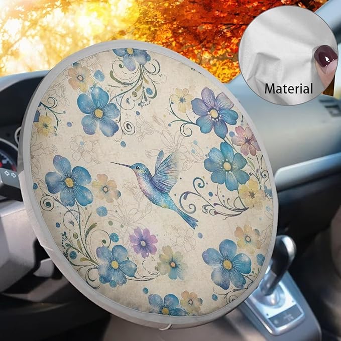 Hummingbird Peach Blossom Blue Pattern Steering Wheel Sunshade Cover Steering Wheel Cover for Sun Protection Steering Wheel Sunblock Cover Interior Accessories for SUV Truck Car Van