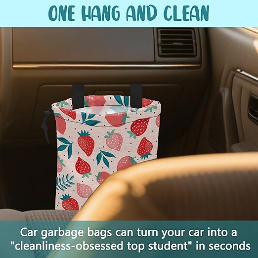 KXWQTRDD Car Garbage Bag Strawberry Berries and Leaves Hanging Canvas Car Trash Bag Waterproof Drawstring Car Back Seat Organizer for Car Back Front Seat Console with Adjustable Buckle