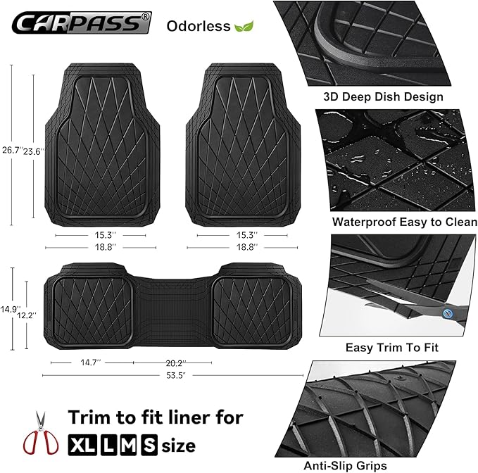 CAR PASS Heavy Duty Rubber Car Floor Mats, Waterproof Universal Trim-to-Fit Car Mats All Weather Floor Mats for SUV Truck Sedan, Premium Auto Floor Mats Full Set 3 Piece Anti-Slip, Solid Pure Black
