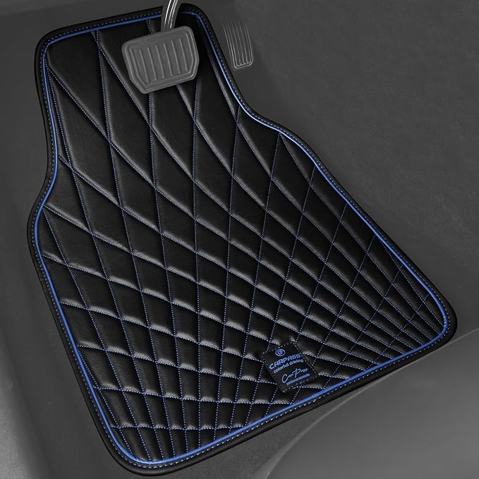 CAR PASS Faux Leather Floor Mats for Cars, Luxury Waterproof All Weather Car Mats Full Set, Anti-Slip Deluxe Automotive Mats Universal Fit for Most SUV,Vans,Sedans,Trucks, 4 Piece Black and Blue
