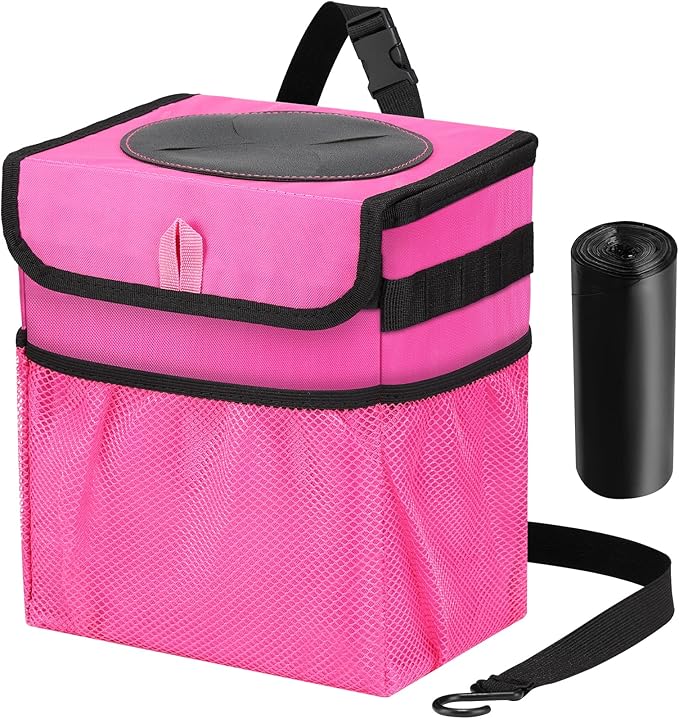 GPUSFAK Car Trash Can Foldable Garbage Bin Leakproof 2.3 Gallons Car Trash Bag Pink
