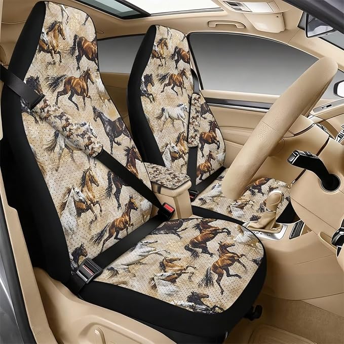 Qeluxign Horses Car Seat Cover Set with Armrest Cover Cushion PU Automotive Car Cover and Seat Belt Shoulder Straps Pad, Universal Fit for Truck Sedan SUV, Pack of 5