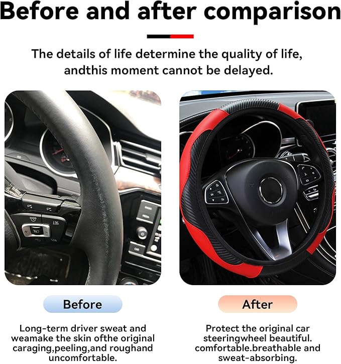 Car Steering Wheel Cover, 15 inch Carbon Fiber Microfiber PU Leather Elastic Steering Wheel Protector for Men Women, Anti-Slip Breathable Car Interior Accessories for Most Cars (Red)