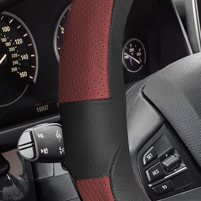 FH Group Universal Fit Deluxe Full Grain Authentic Leather Red Steering Wheel Cover Fits Most Cars, SUVs