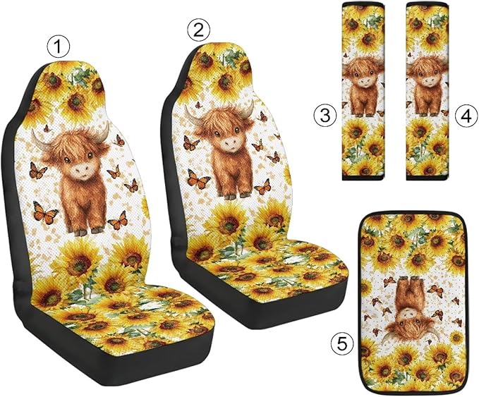 Qeluxign 5 Piece Car Seat Covers Full Set for Men Women PU Leather Front Seats Cover Auto Seatbelt Shoulder Pads Vehicle Center Console Armrest Cover,Highland Calf Sunflower Butterfly