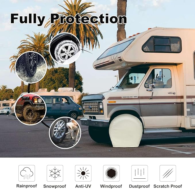 Explore Land Tire Covers 4 Pack - Tough Wheel Protector for Truck, SUV, Trailer, Camper, RV Universal Fits Tire Diameters 39''-42'', White
