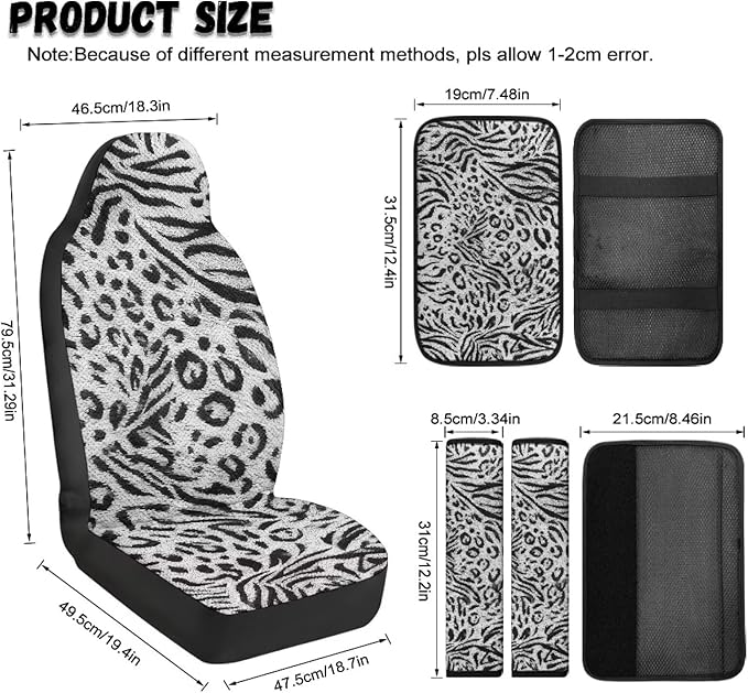 Psesaysky Leopard Zebra Stripe Leather Car Seat Covers for Automotive Front Seats 2PCS + Armrest Cover + Seat Belt Covers 2PCS, Full Set 5PCS Universal Fit for Most Cars Trucks