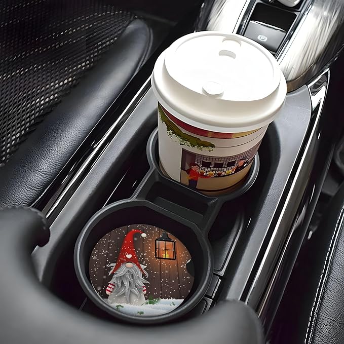 HUWAAI New Year Dwarf Christmas Car Cup Holder Coasters 2 Pack Universal 2.63 Inch Anti Slip Ceramic Absorbent Coaster with Cork Base and Finger Notch Cute Car Accessories Interior for Women
