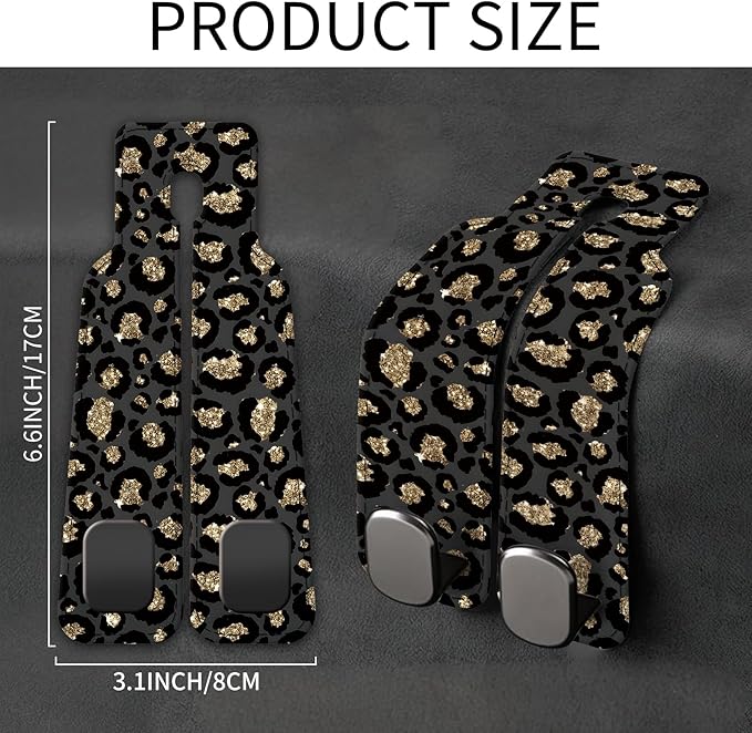 AXBSAKDI Car Seat Back Storage Headrest Hook, Premium Leather Double Metal Hook, Hanger Storage Organizer for Purse Cloth Bag, Car Interior Accessories Glitter Gold Leopard