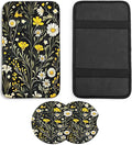 JANENFNA Car Armrest Cover Pads Universal Fashion Cute Auto Center Console Armrest Cover Pad with 2PCS Car Coasters Soft Waterproof Car Armrest Seat Protector for Women,Yellow Flower