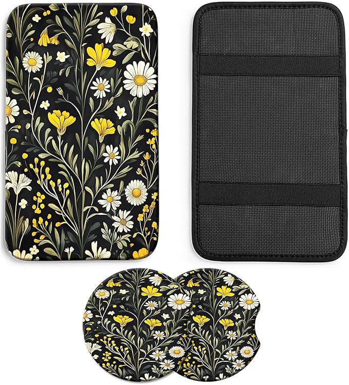 JANENFNA Car Armrest Cover Pads Universal Fashion Cute Auto Center Console Armrest Cover Pad with 2PCS Car Coasters Soft Waterproof Car Armrest Seat Protector for Women,Yellow Flower