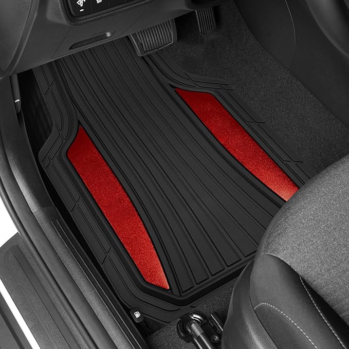 Motor Trend ChromeTech Car Floor Mats Full Set - Durable Rubber Floor Mats for Cars with Two Tone Accent, All Weather Interior Protection for Front and Rear with Non-Slip Backing, Red Chrome