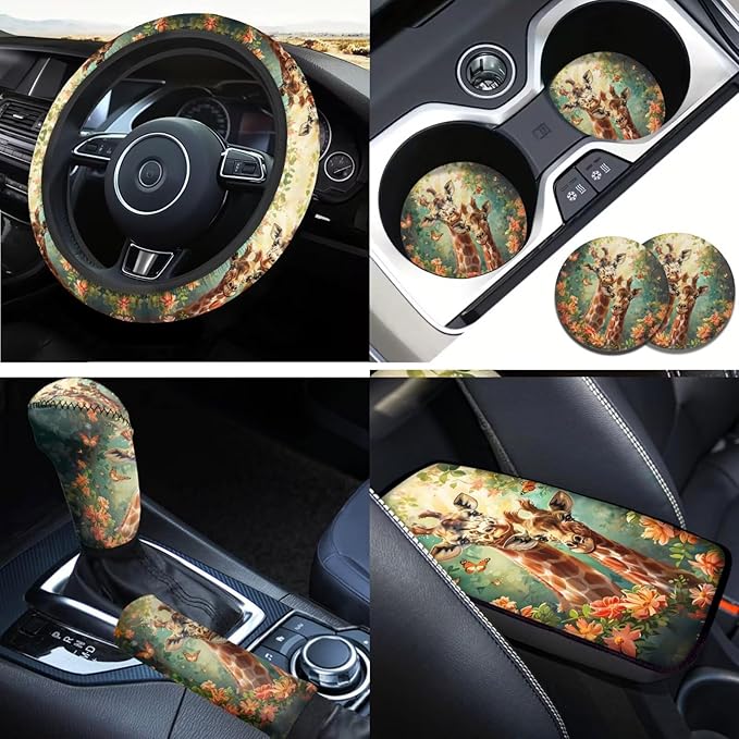 Animal Giraffe Car Steering Wheel Cover Set for Men Women Funny Car Interior Decor Cup Coaster Handbrake Cover Suit for Most Cars Truck Vans SUV