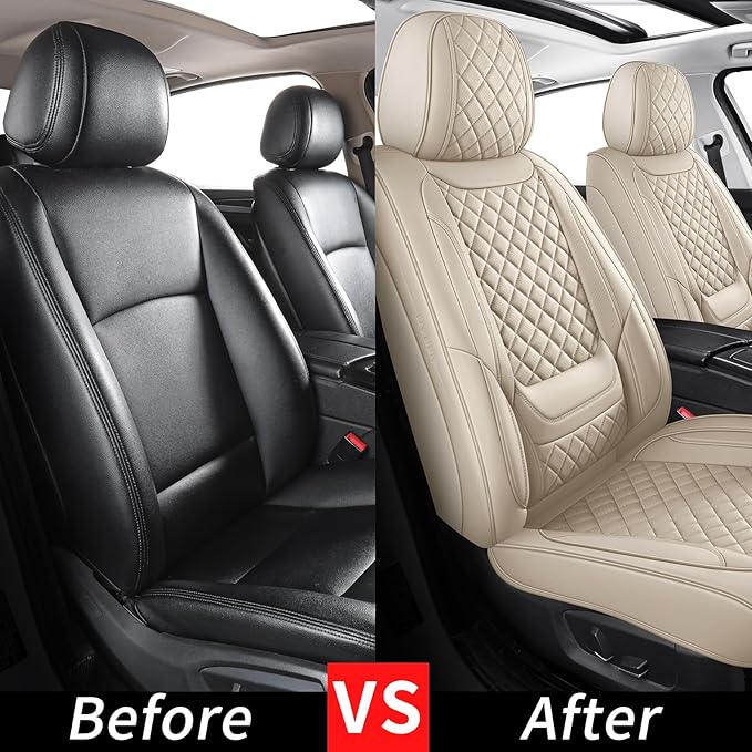 hoozoom Leather Seat Covers for Cars Breathable Front Seat Covers Waterproof Seat Protectors Universal Fit for Most Automotive Cars SUV Trucks Van (Beige, Front Pair)