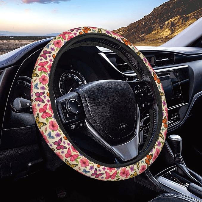 FeHuew Watercolor Butterfly Floral Steering Wheel Cover for Women, Girls 15 inch Universal Auto Car Anti Slip Wrap Steering Wheel Covers Fit for Vehicles, Truck, SUV