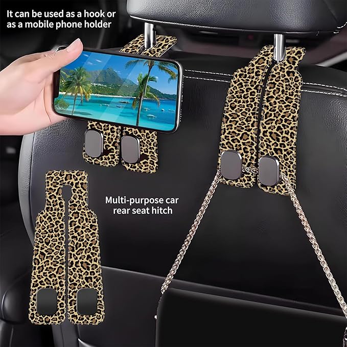 Purse Hook for Car Abstract Brown Leopard 1 Pack Headrest Back Seat Hook Premium Leather Double Metal Hanger Storage Pack Bag Purse Holder Car Accessories