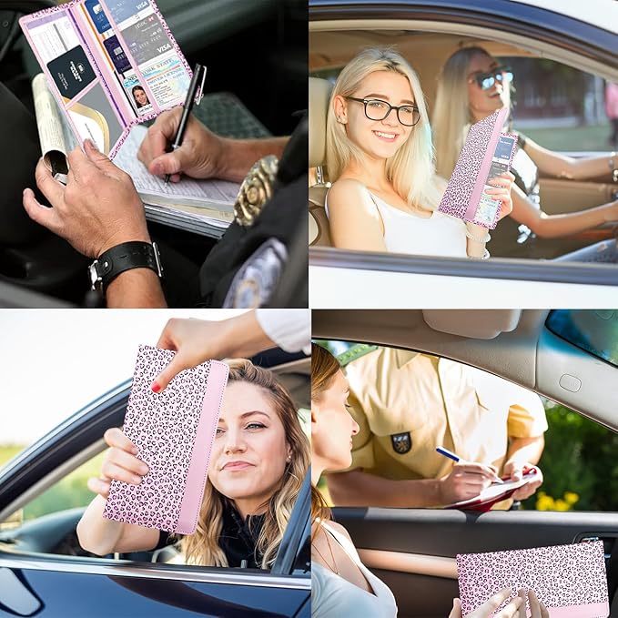 FinestHouse Car Registration and Insurance Holder with Magnetic Closure, Universal Document Organizer for License, Insurance Cards & Glove Box Storage (Leopard-Pink)