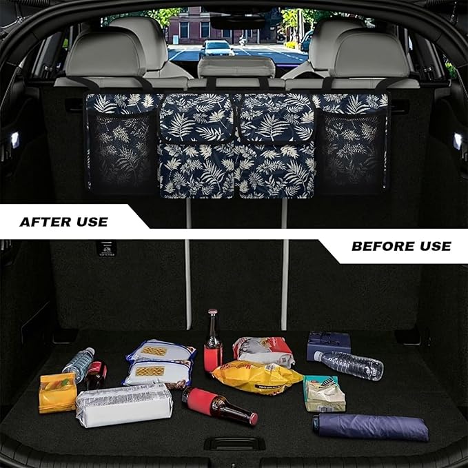 Dreaweet Palm Leaf Print Trunk Organizer for Car Women Portable Trunk Organizers for SUV with 4 Pockets Collapsible Trunk Storage Organizer Backseat Hanging Car Organizer for Sedan Truck Van