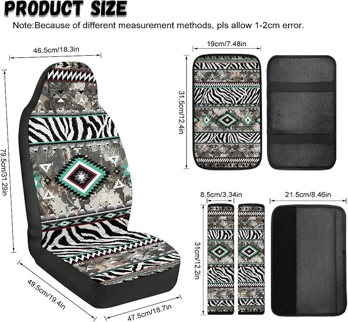 Qeluxign 5-Piece Car Accessories Set Tribal Zebra Print Universal Fit PU Leather Seat Covers Seatbelt Pads and Armrest Cover for Cars, Trucks, SUVs