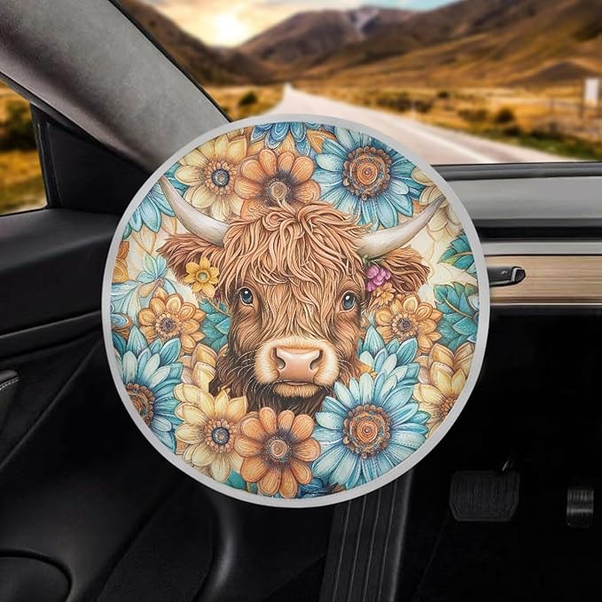 Sunflower Steering Wheel Sun Cover 17 Inch Highland Cow Car Rudder Shade Cover for Women Reflective Steering Wheel Cover Sun Block Gift for Friends