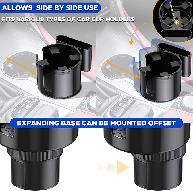 Econour Car Cup Holder Expander | Fits with Hydro Flasks, Yeti, Nalgene & Large Water Bottle (32 40 oz) | Phone Holder - Adjustable Automotive cupholder Extender for car with Expandable Base | Black