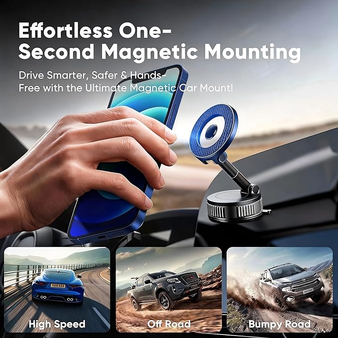 RainChic Magnetic Car Phone Holder for MagSafe, 120+ LB Suction Cup & 2800gf Magnetic Force, 360° Adjustable Mount for iPhone Pro Max/Plus & MagSafe-Compatible Android Phones (CHH12)